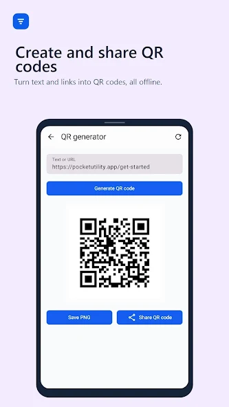 Pocket Utility QR generator showing a newly created QR code