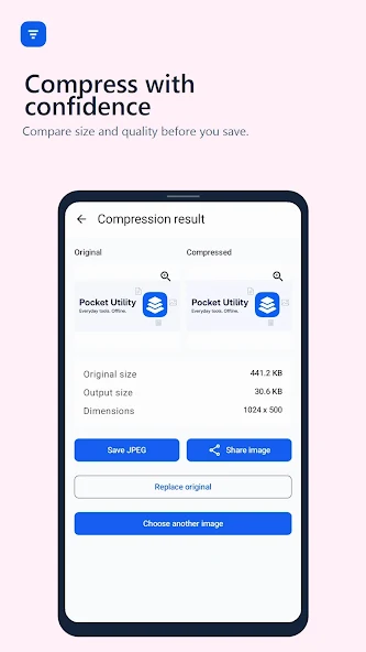 Pocket Utility image compression result with file size comparison